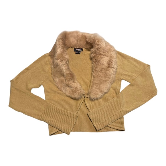 XOXO Sweaters - XOXO Collection Brown Rabbit Fur Trim Crop Ribbed Cardigan Sweater Y2K Sz Medium